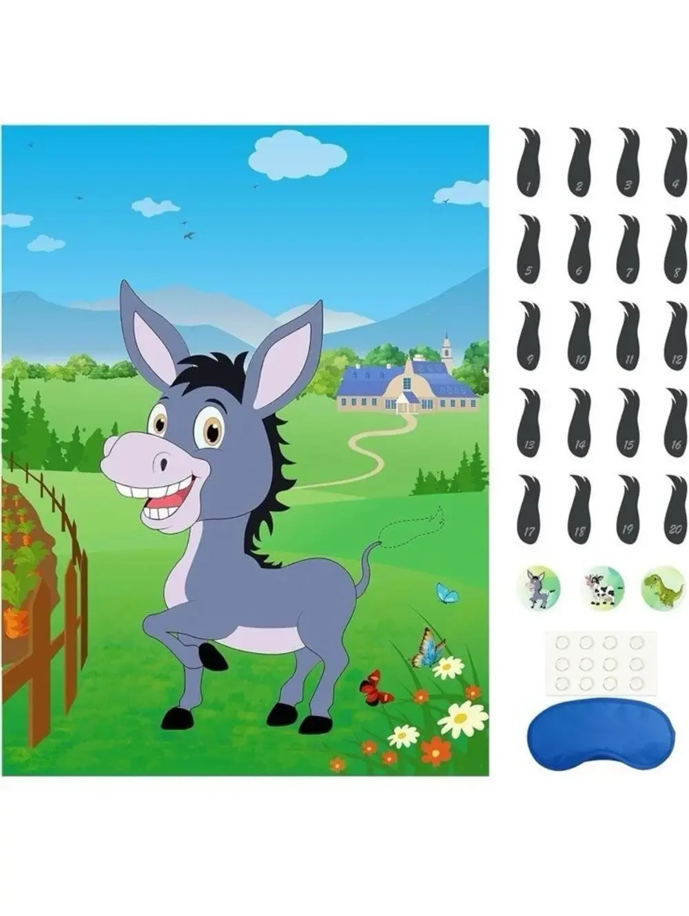Pin The Tail On The Donkey Party Game 40 Tails Kids Birthday Poster W/ Blindfold